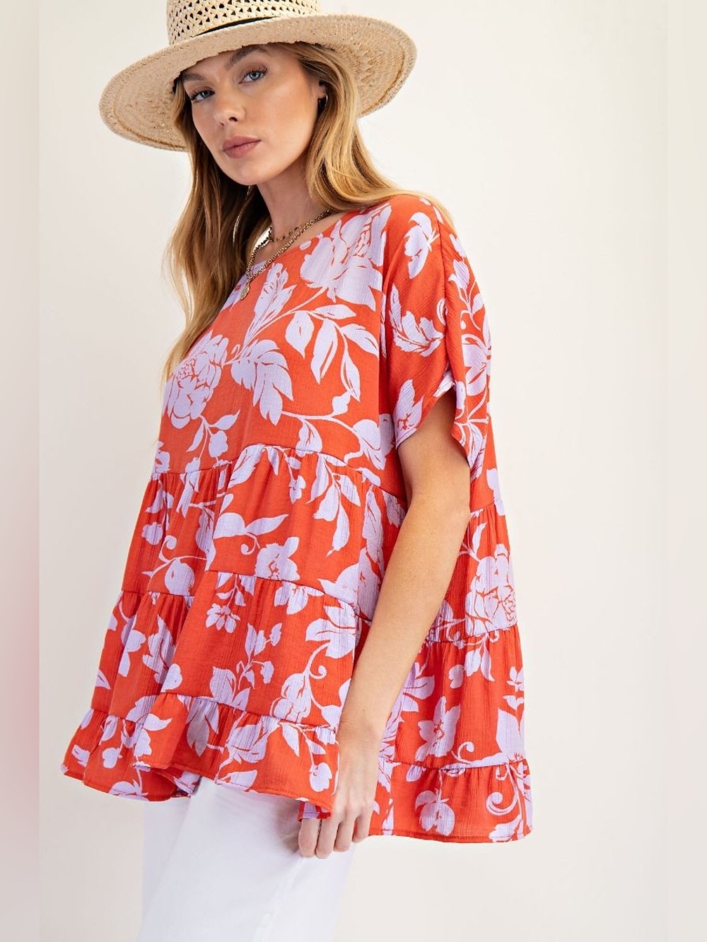 easel Orange Floral Tiered Tunic